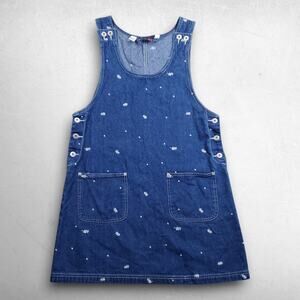 J.L. N.Y. Denim Mini Dress Size M Blue Cotton Embroidered Flowers VTG 90s Boho